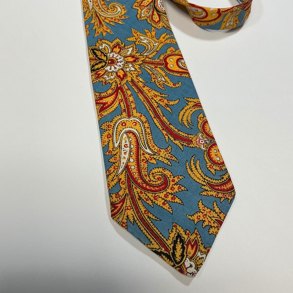 Johnny Carson Paisley‎ Necktie Blue Gold Red Floral Silk Blend Vintage